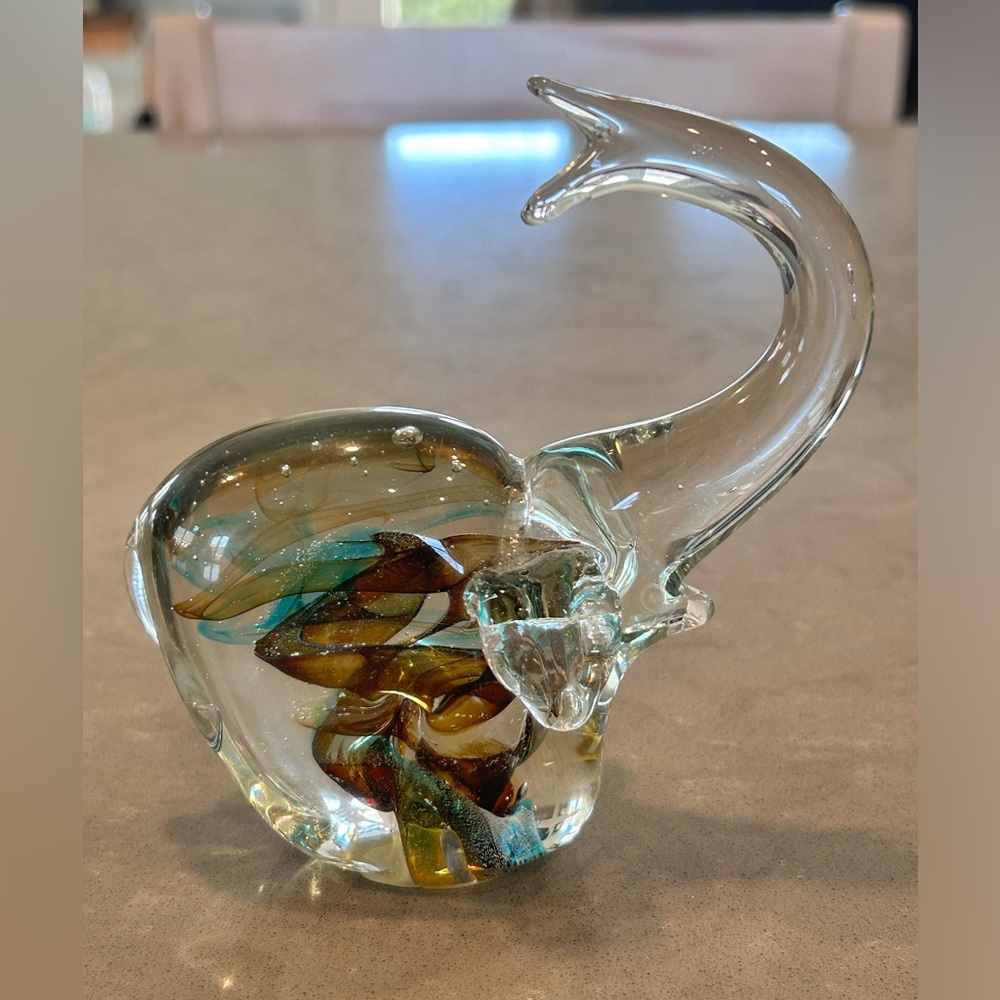 Glass Elephant Figurine with Gold and Blue Accents